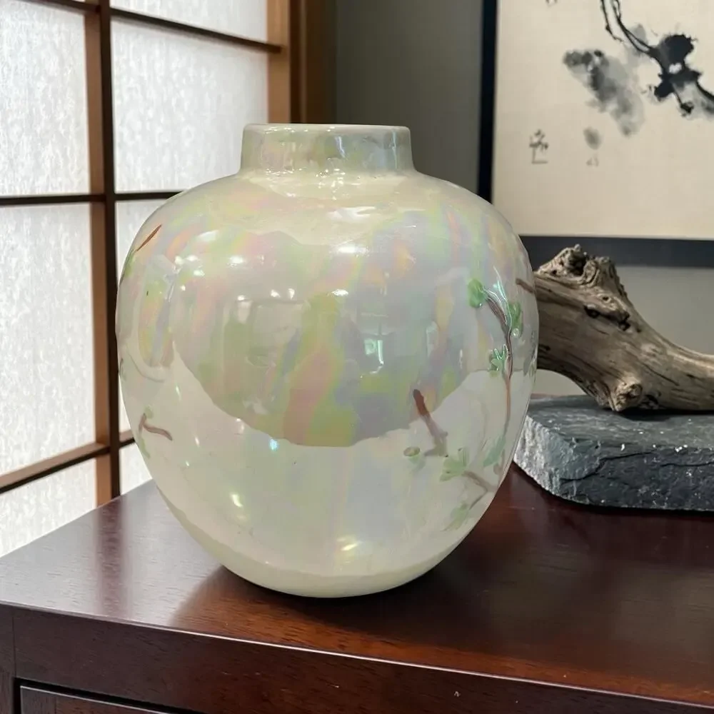 Signed Iridescent Art Pottery Vase Pink Blossom Applied Flowers Pearlescent 8”
